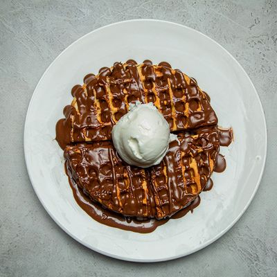 Nutella chocolate waffle with vanilla ice cream