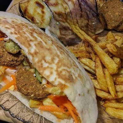 Potatoes and falafel and omelette egg