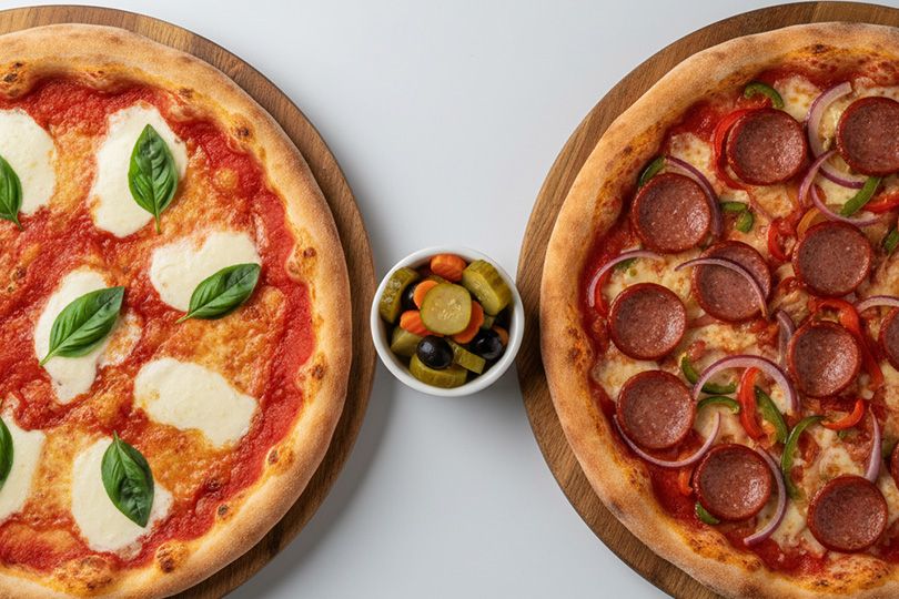 One Medium Italian Margherita Pizza and Medium Italian Sausage Pizza With Pickles Offer