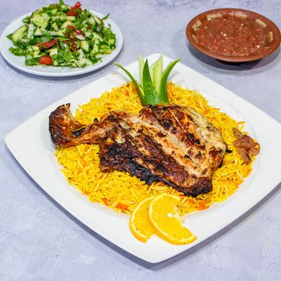 quarter mandi chicken breast, rice and sauce