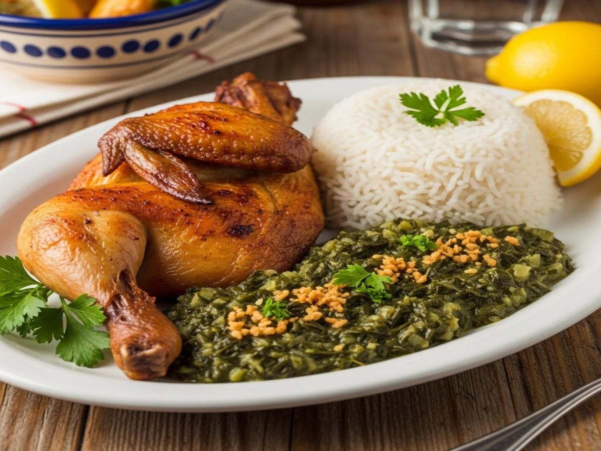 Half Chicken Served with Rice and Molokhia