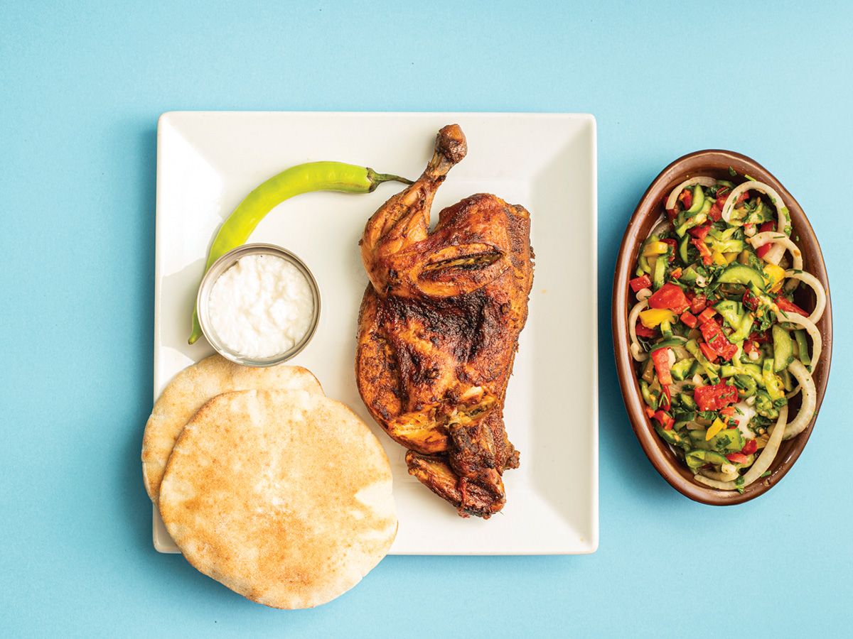 Half Roasted Chicken Tomeya Or Fries With Pickles And Bread