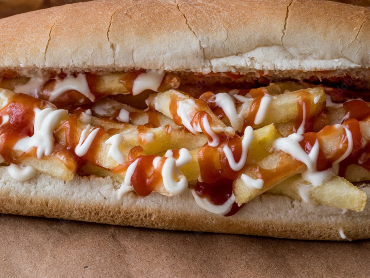 Potato sandwich with ketchup and mayonnaise