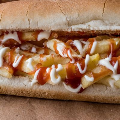 Potato sandwich with ketchup and mayonnaise