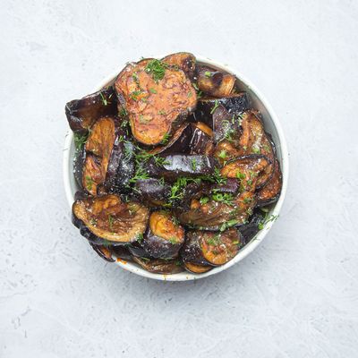 Box of fried eggplant with tahini