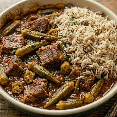 Large Okra Meat Casserole with Rice