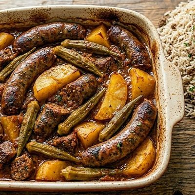 Large Oriental Sausage Potato Casserole + Rice