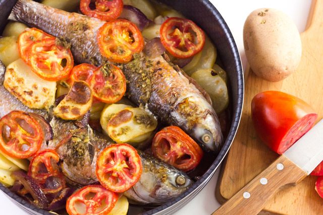 Grey Mullet Fish With Potatoes Tray Casserole