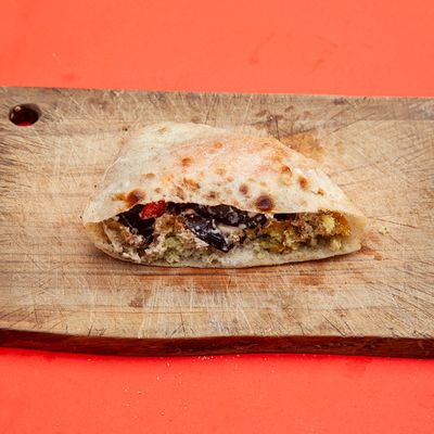 Falafel stuffed with eggplant sandwich