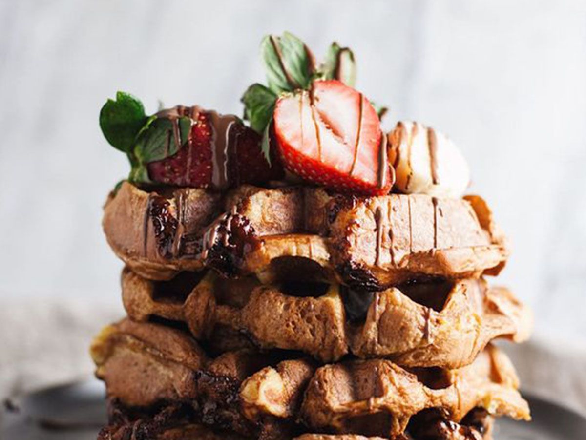 Waffles with chocolate sauce and fruit
