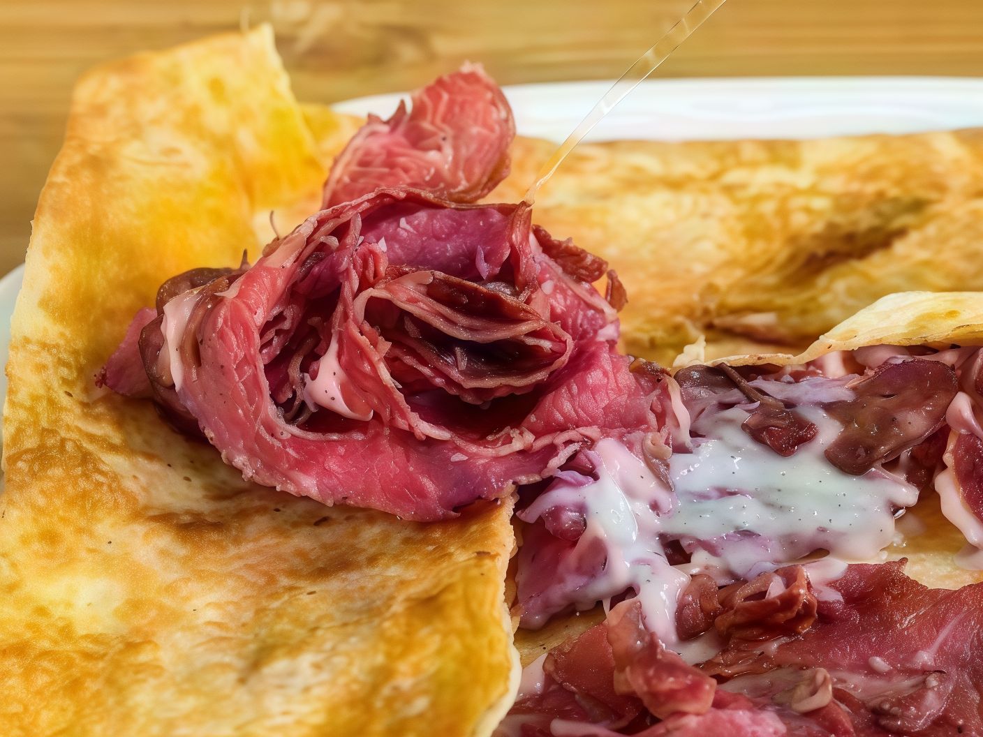 Pastrami and mushroom crepe