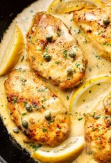 Piccata With Chicken Mushroom And White Rice Dish