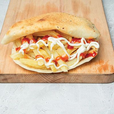 Fries sandwich with ketchup and mayonnaise