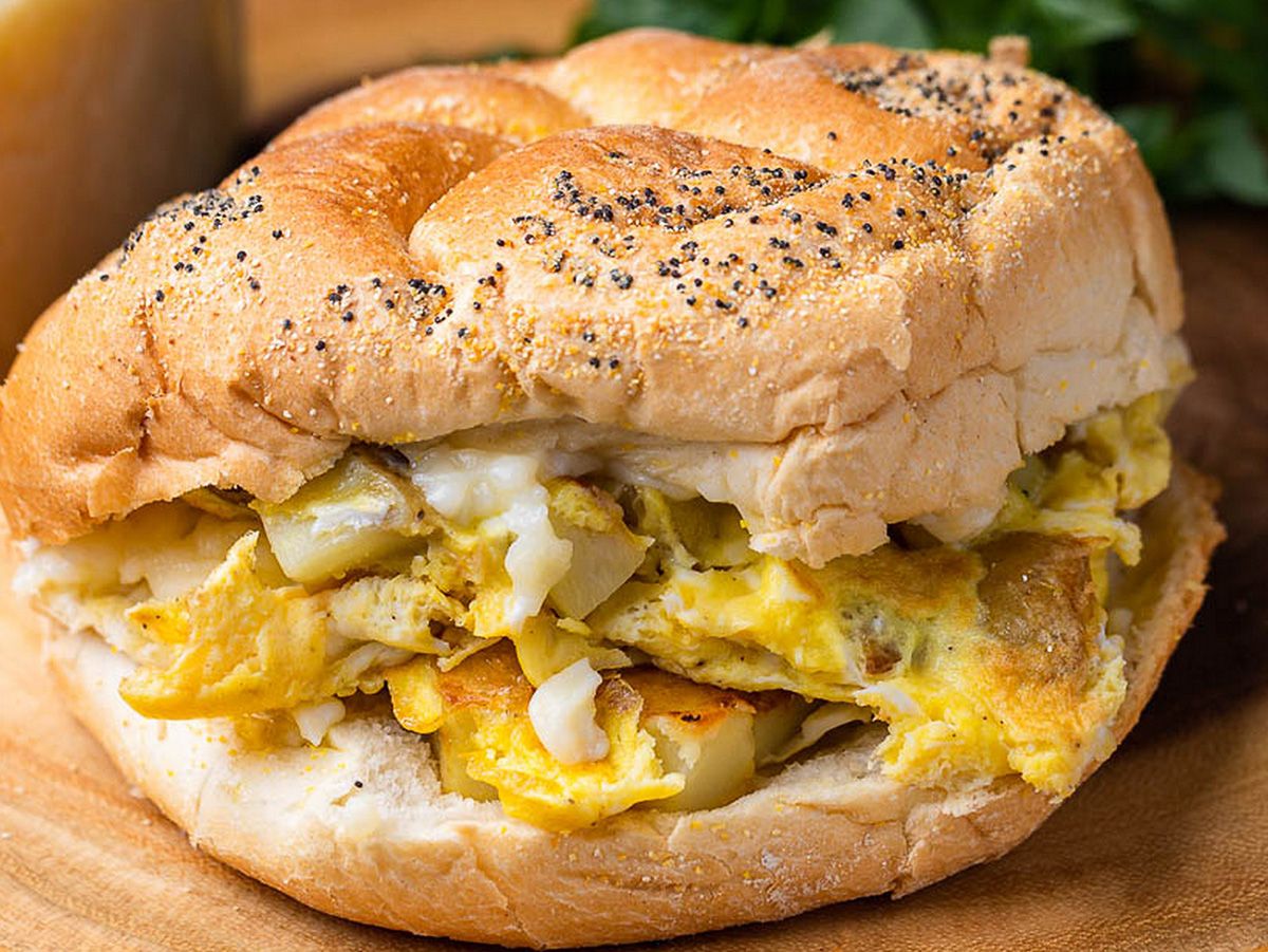 Potato Puree with butter and fried eggs sandwich
