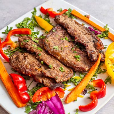 Beef Fillet With Green Pepper Grains Or Mustard With Balsamic Vinegar And Potatoes