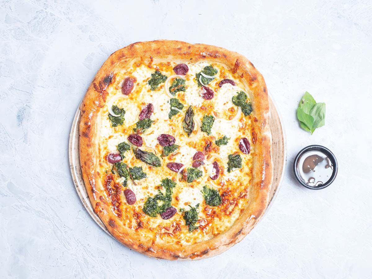Chevre and Spinach Pizza with Honey