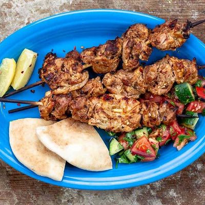 Shish tawook meal with rice and potatoes