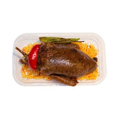 Single pigeon with rice and potatoes