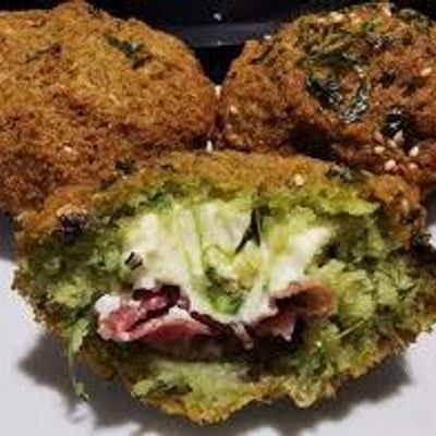 Charcoal falafel patty with pastrami