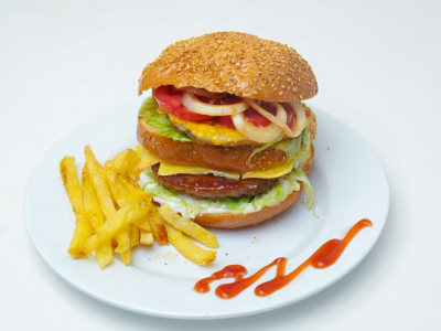 Steak Burger With Eggs And Cheese Sandwich