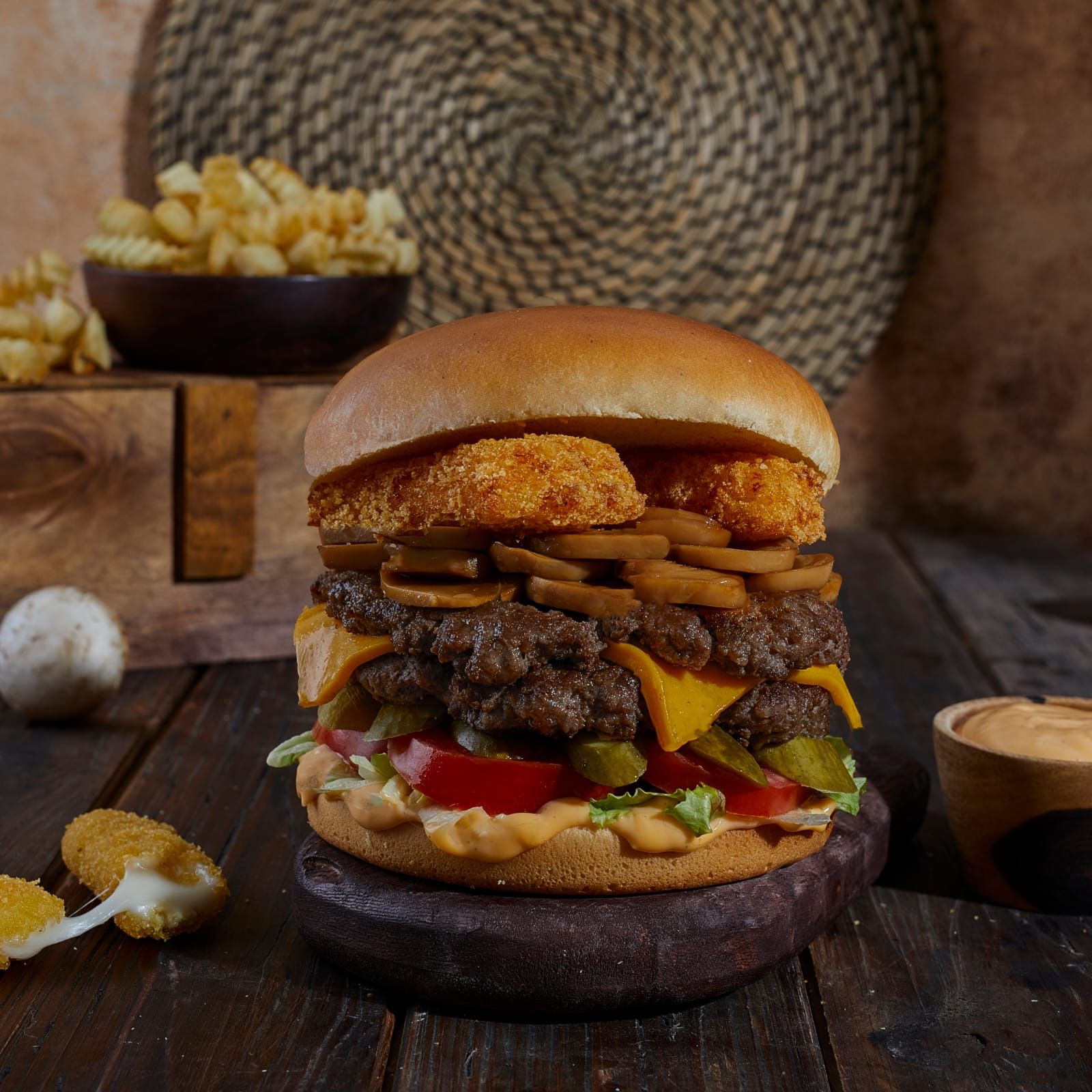 Smash burger with mushroom and mozzarella