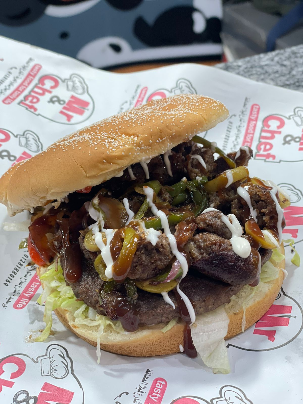 Burger bun with oriental sausage