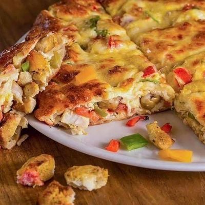 Oriental chicken pastrami pizza with Kiri cheese