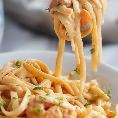 White seafood pasta with mozzarella cheese