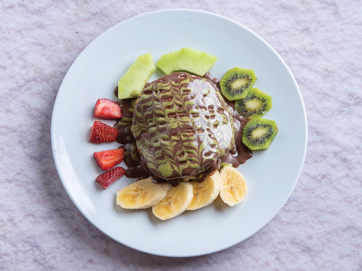 American Pancakes Chocolate With Pistachio Cream And Fruits