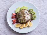 American Pancakes Chocolate With Pistachio Cream And Fruits