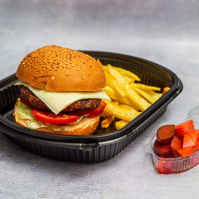 Burger Sandwich With Potatoes and Pickles