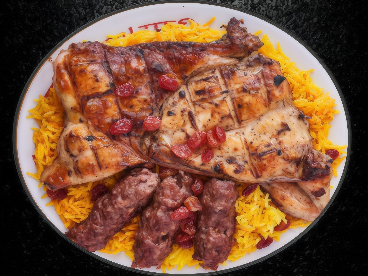 1/2 grilled chicken, 1/8 kilo kofta, basmati rice, sauce and tahini.