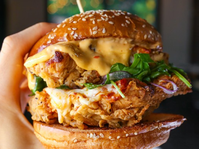 Fried Chicken With Beef Bacon And Mushroom Sandwich