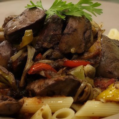 طاجن مكرونة بالكبدة والدجاج