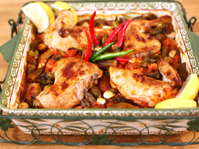 Okra Casserole With Quarter Roasted Chicken And Rice Meal