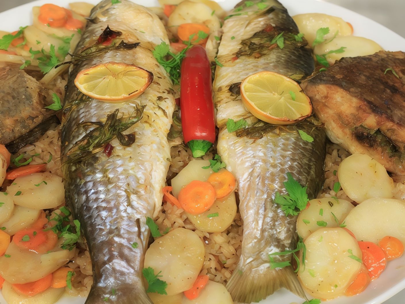 Grey Mullet Fish With Potatoes And Shrimp Tray