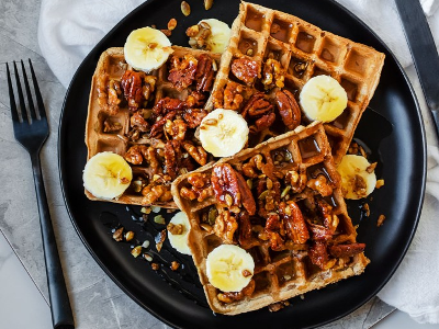 Waffle With Banana And Caramel And Nuts