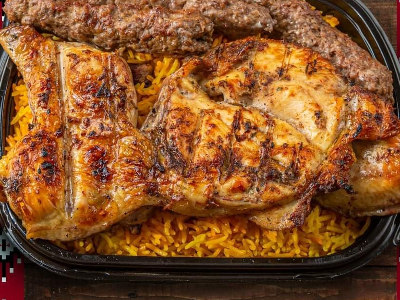 3 pieces of kofta and half a grilled chicken with rice