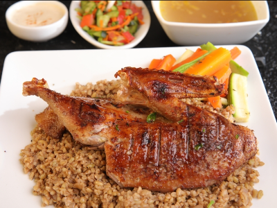 Half Grilled Baladi Duck On Charcoal With Grits Casserole And Drink