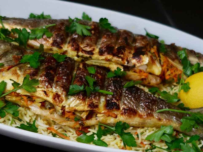 Grilled Grey Mullet Meal With Seafood Soup.