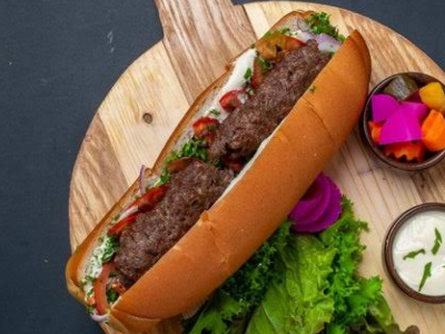 Grilled Baladi Meat Kofta Sandwich With Salad And Drink