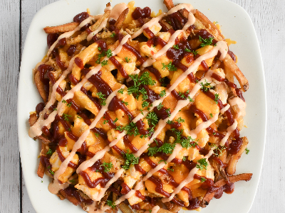 French Fries With Cheese And Grilled BBQ Chicken