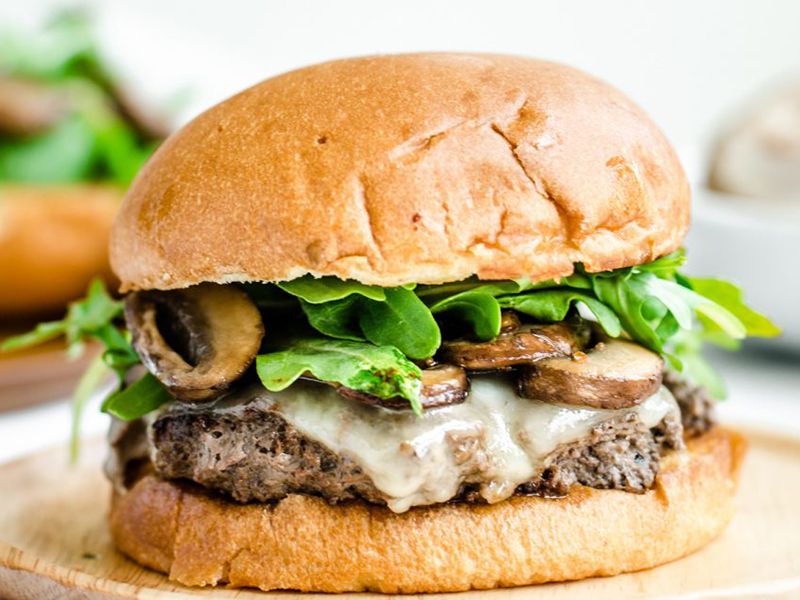 Bella Burger Sandwich with Mushrooms on Charcoal