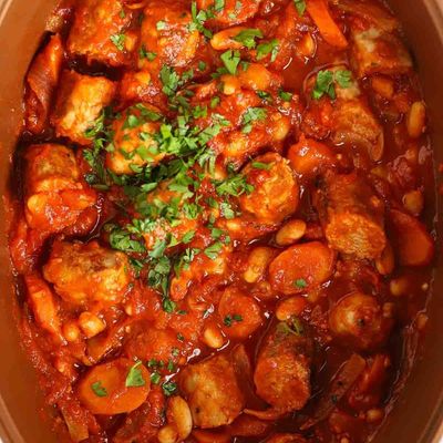 Bean casserole with hot dog