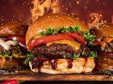 Meat Burger With Cheddar Cheese And Eggs Sandwich