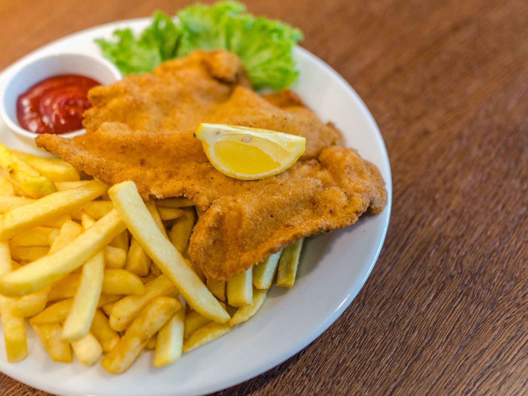 Strips Pieces With French Fries And Ketchup Sauce And Bread