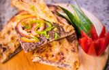 Bread with pastrami and cheese