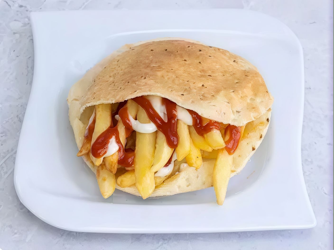 French Fries Sandwich With Ketchup And Mayonnaise