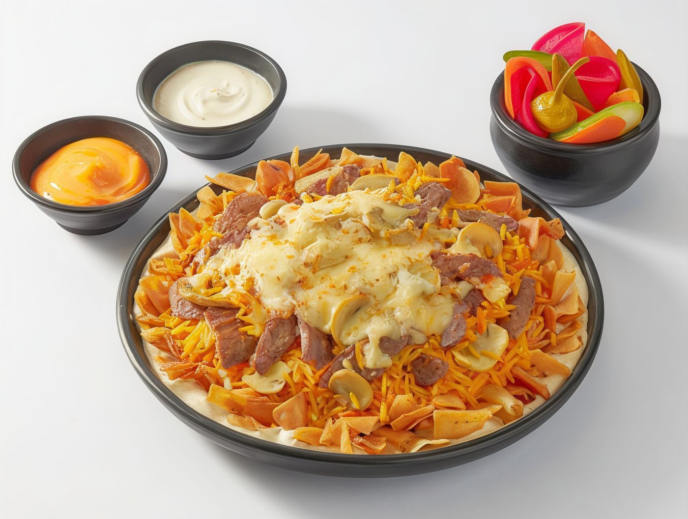 Mix Shawerma With Mozzarella And Mushroom Fatteh