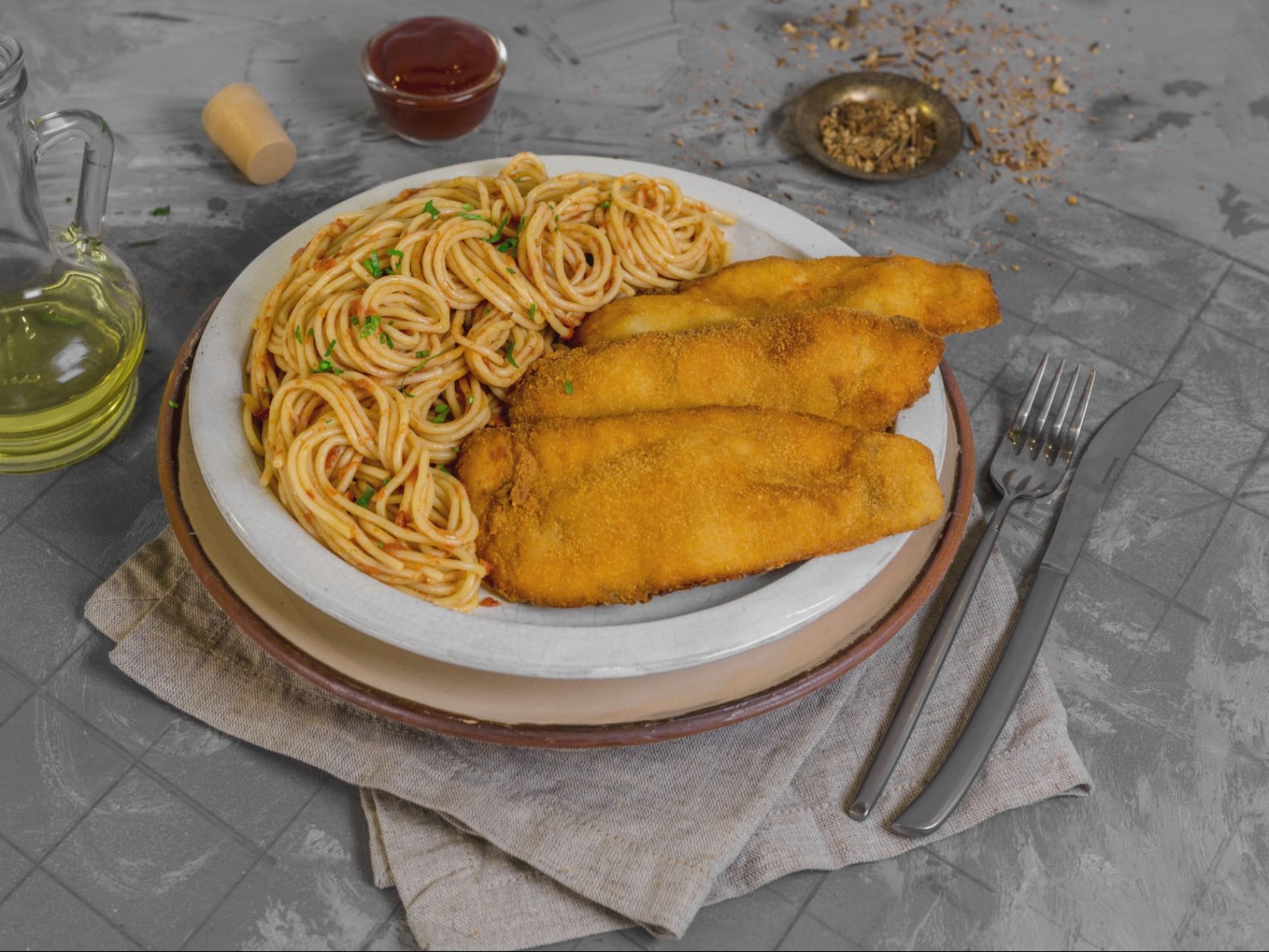 Kids Meal With Fried Chicken Pane With Spaghetti